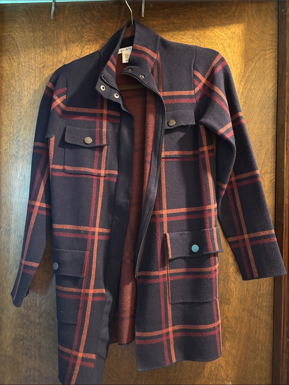 Navy & Red Plaid Long Coat